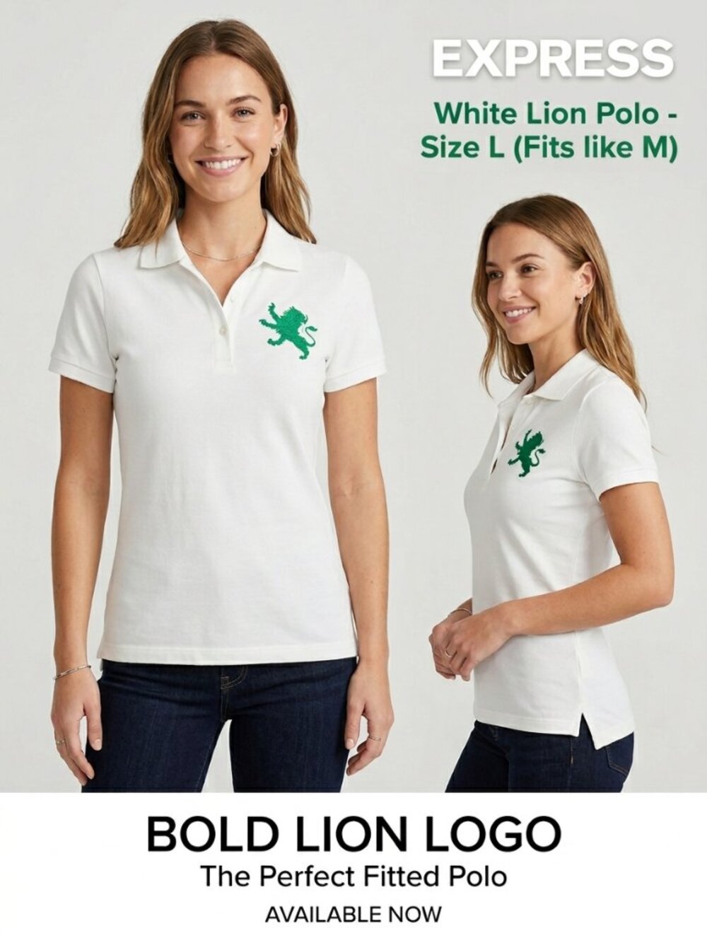 Express White Green Fitted Lion Logo Women's Polo Shirt - Size L Fits Medium